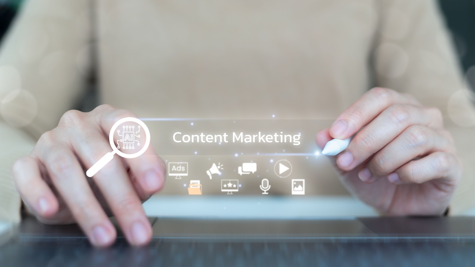 Close-up of hands using stylus with digital content marketing interface and AI icon, representing online media strategy and digital communication.